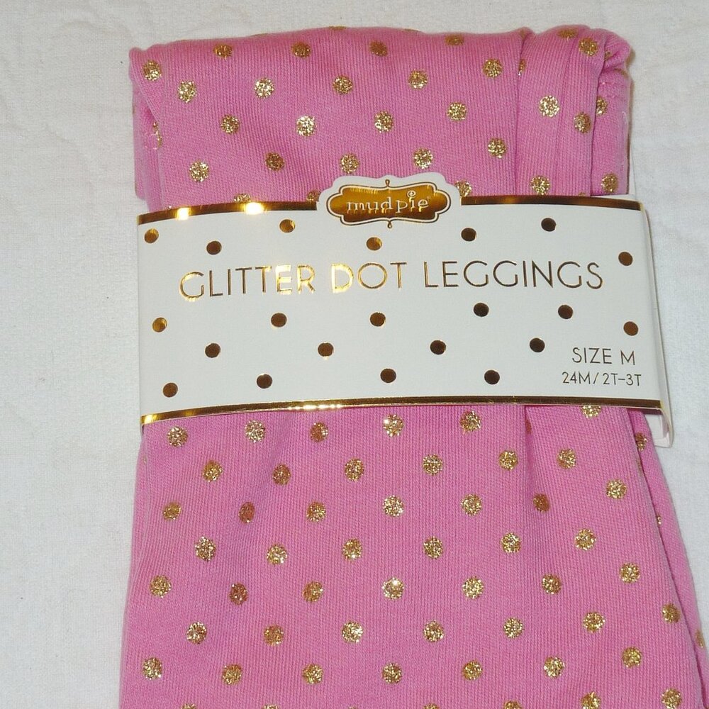 NWT Mud Pie Glitter Dot Pink Leggings Size Medium = 24M, 2T/3T